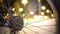 Defocused silhouettes of people walking city street, view through bicycle wheel