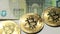 Defocused slow motion video of bitcoin on banknotes of one hundred euro. Exchange euro for bitcoin. Cryptocurrency on