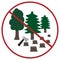 Deforestation is FORBIDDEN. Ax and forest in a red crossed circle. Ecological natural problem. Icons for your product, nature