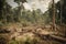deforestation and habitat destruction in a tropical rainforest, with trees being felled and animals fleeing