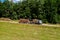 Deforestation and logging top view. Trucks take away logs. Forest industry