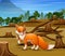 Deforestation scene with starving fox