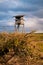 Deforestation scene with a wooden hunting tower in rural landscape