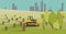 Deforestation with Yellow Bulldozer. Vector Illustration