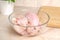 Defrosted raw chicken fillet in glass bowl. Fresh raw chicken breast for cooking chopped chicken cutlets. Glass bowl and