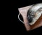 defrosting carp fish on wooden cutting board isolated on black background