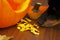 Dehydrated homemade pumpkin dog treats with pumpkin, leaves and