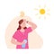 Dehydration from heat. Dehydrated woman on summer sunlight with heatstroke, cartoon sweaty person outdoor hot