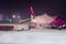 Deicing passenger airplane during heavy snow