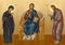 Deisus, the Saviour on the throne on the left, the mother of God on the right, John the Baptist, an Orthodox icon made according t
