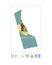Delaware Logo. Map of Delaware with us state name.