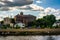 The Delaware River and buildings in Easton, Pennsylvania.