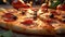 Delectable appetizing delicious typical provolone pepperoni pizza with crust, peppers, cheese, tomato.