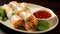 Delectable Asian Appetizers with Rice Noodle Rolls and Seafood generated by AI tool