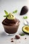 Delectable avocado chocolate mousse dessert in glass on a white table