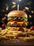 delectable bacon cheeseburger with fries, The juicy, savory beef patty