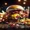 delectable bacon cheeseburger with fries, The juicy, savory beef patty