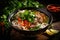 A delectable bowl filled with a satisfying blend of noodles, tender meat, and fresh vegetables, A steaming bowl of Vietnamese pho