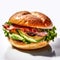 a delectable burger featuring prosciutto, cream cheese, avocado, and lettuce.