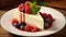 Delectable cheesecake with berry fruits and raspberry syrup, AI Generated