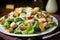 delectable chicken caesar salad with crispy croutons, creamy dressing, and fresh herbs