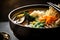 Delectable close-up shot of a steaming bowl of vegetarian ramen filled with mixed vegetables, seaweed, and a soy-based broth