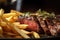 delectable close-up of steak frites, with a juicy and tender medium-rare steak on top of golden and crispy fries