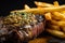 delectable close-up of steak frites, with a juicy and tender medium-rare steak on top of golden and crispy fries