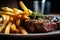 delectable close-up of steak frites, with a juicy and tender medium-rare steak on top of golden and crispy fries