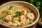delectable close-up of a steaming bowl of shrimp scampi soup, brimming with juicy shrimp, tender pasta, and fragrant herbs