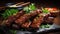 Delectable close up of succulent roasted barbecue pork ribs slices with mouthwatering smoky flavors