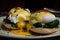 delectable close-up of vegetarian Eggs Benedict with sauteed spinach, tangy feta cheese, and perfectly poached eggs on a crispy