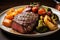 A delectable combination of meat and vegetables, served on a white plate, A mouthwatering steak dinner with vegetables