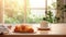 a delectable croissant and a cup of coffee elegantly placed on a kitchen countertop, the scene against a minimalist