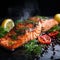 Delectable dish of fresh fish served on a platter, with juicy tomatoes and dill. AI-generated.