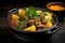 Delectable display Front view of savory meat soup with potatoes, greens on dark surface