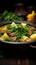 Delectable display Front view of savory meat soup with potatoes, greens on dark surface