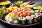 Delectable display of sushi, including sashimi, avocado-topped nigiri, and vegetable maki rolls