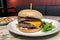 Delectable gourmet burger. Juicy beef, melted cheese, crisp veggies & bacon create an irresistible visual feast.