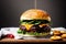 Delectable gourmet burger. Juicy beef, melted cheese, crisp veggies & bacon create an irresistible visual feast.