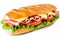 Delectable Ham and Cheese Salad Submarine Sandwich on Freshly Cut Baguette: A Tasty Delight. created with Generative AI