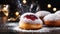 delectable Hanukkah doughnuts filled with sweet jelly and dusted with sugar powder, artfully arranged on a grey wooden