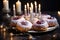 Delectable Hanukkah treat: a close-up of sufganiyot, jelly-filled donuts dusted with powdered sugar