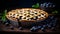 Delectable homemade blueberry pie with a golden crust on a charming rustic wooden background