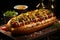 Delectable Hot Dog with Sausage, Mustard, and Fresh Buns Served in a Pub. AI