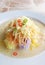 Delectable Khanom Jeen Sao Nam, a Thai Dish of Rice Vermicelli with Chopped Fresh Fruit and Vegetable, Ground Dried Shrimp