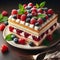 Delectable Layered Napoleon Pastry Topped With Fresh Berries on White Plate