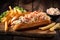 Delectable lobster roll on a rustic wooden board with a side of crispy fries and a dollop of tangy coleslaw