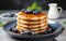 Delectable Pancakes Overflowing with Succulent Blueberries, Harmonizing with Velvety Syrup, Captured on a Stylish Grey Table with