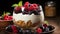 A delectable parfait with layers of crunchy granola, creamy yogurt, and fresh berries, garnished with mint on a wooden table